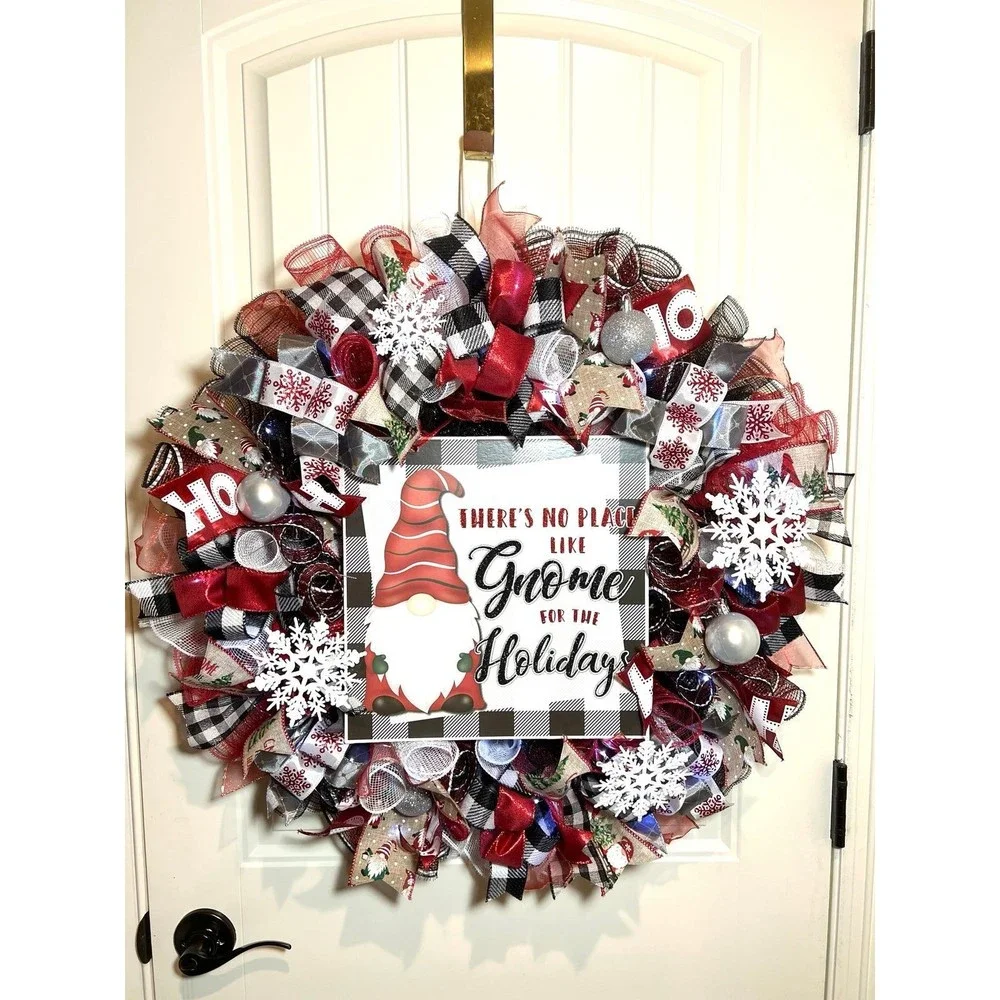 Handmade Christmas Gnome for the Holidays Ribbon Door Wreath 26 ins LED XLW7